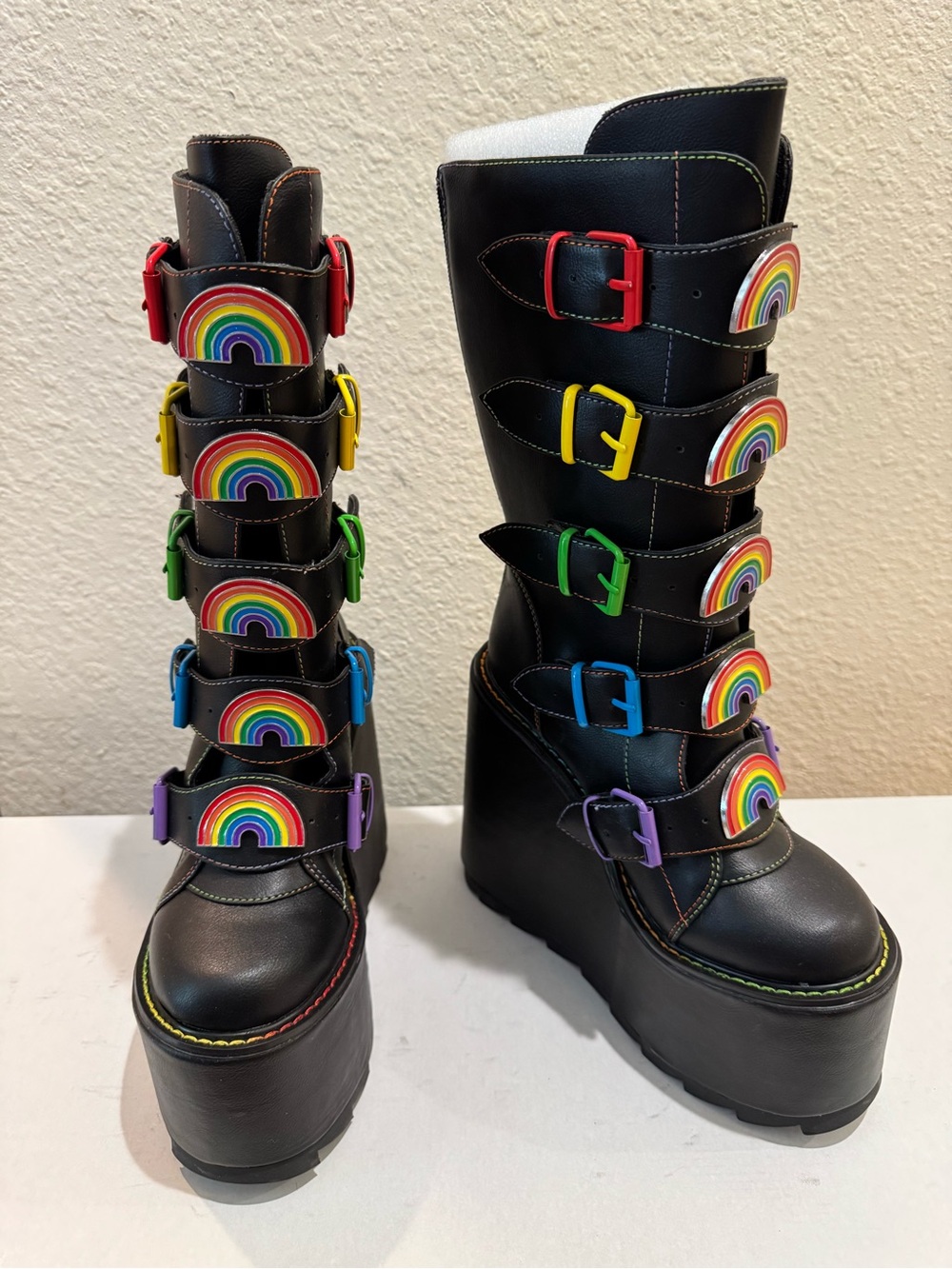 YRU Dune Rainbow Buckle Platform Boots in Black